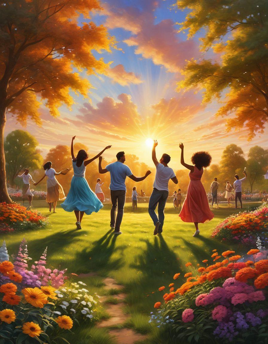 A radiant sunrise breaking through fluffy clouds, casting warm golden light on a diverse group of people engaging in joyful activities, like dancing, painting, and playing music in a vibrant park filled with colorful flowers. The scene conveys a sense of transformation and happiness, symbolizing the elevation from ordinary to extraordinary through joyful experiences. bright colors. super-realistic. dynamic composition.