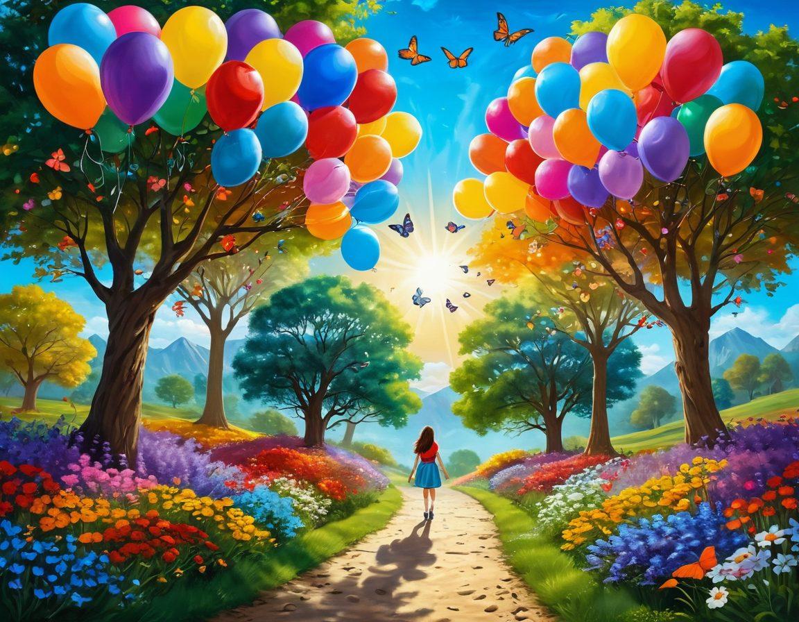 A colorful, whimsical pathway leading through a vibrant landscape filled with joyful moments, such as people laughing, flowers blooming, and sunlight filtering through trees. Include symbols of happiness like balloons and butterflies flitting about. The scene invites viewers to embark on a journey of positivity and enlightenment. surreal art. bright colors. fantasy style.