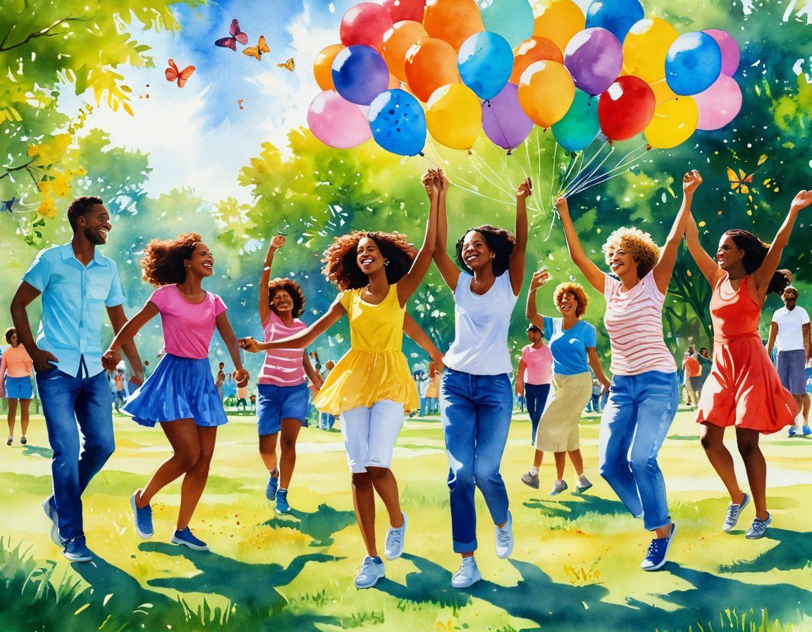 A bright and cheerful scene depicting a diverse group of people engaging in various joyful activities like dancing, painting, and laughing together in a sunlit park. Vibrant colors should highlight their radiant smiles and the uplifting atmosphere, with butterflies fluttering around and colorful balloons in the background. Convey a sense of community and happiness. watercolor style. vibrant colors. bright background.